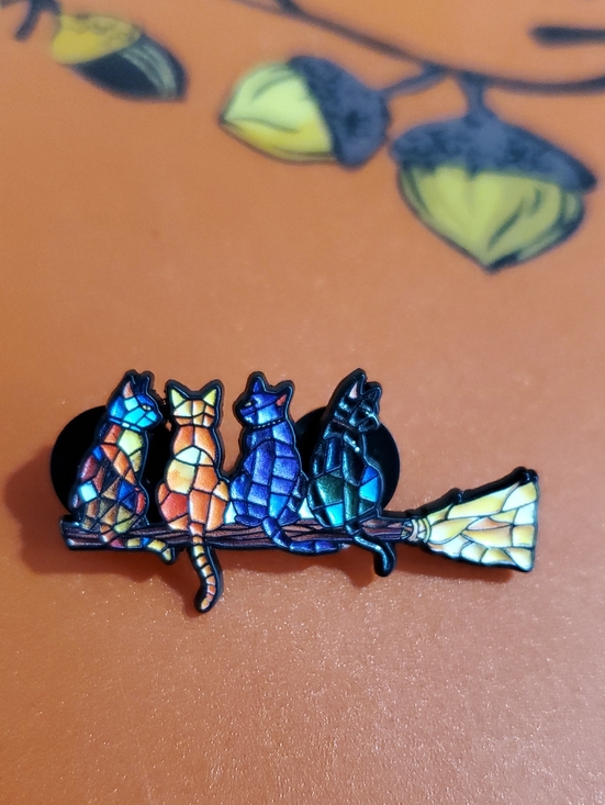 Jewelry - Stained Glass Cats Sitting On Broom Enamel Pin